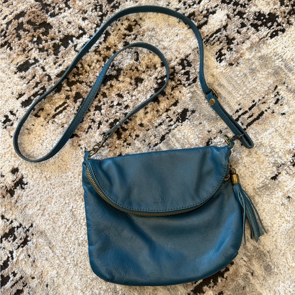 Teal Leather Crossbody Bag with Tassel